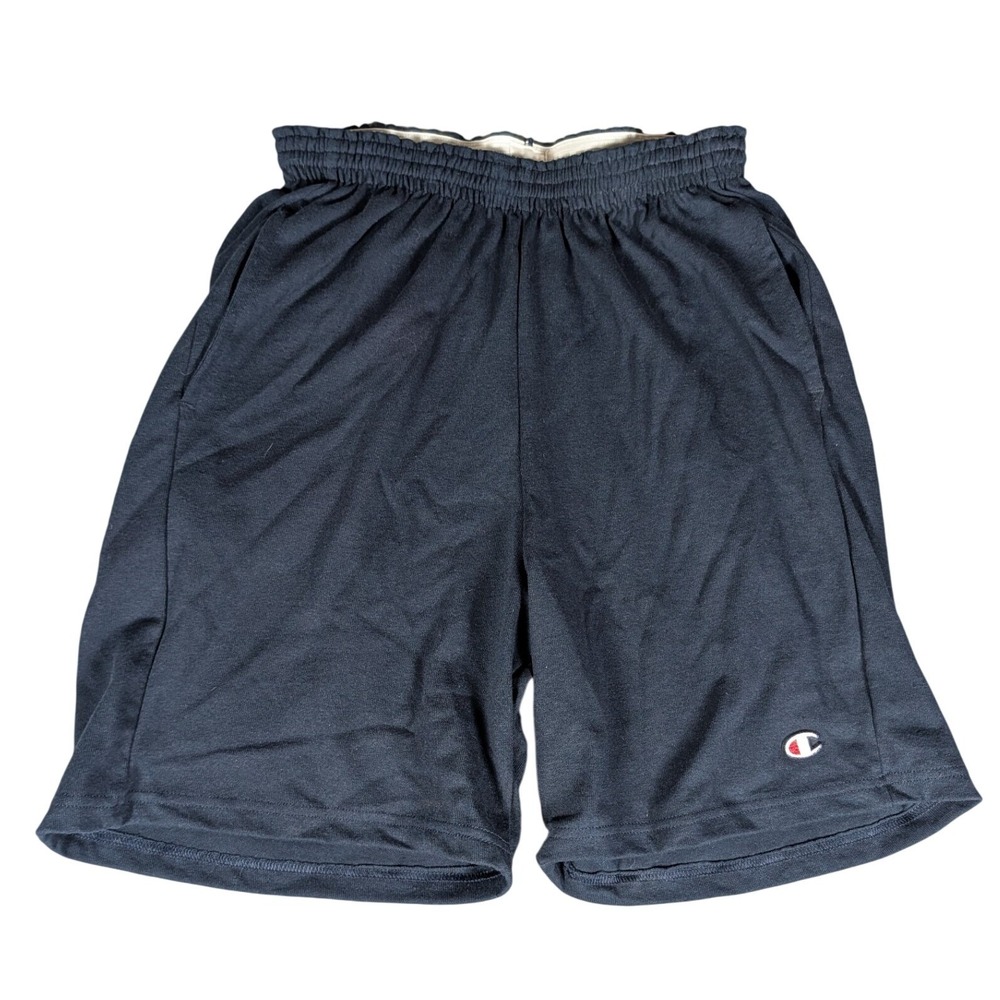 Champion Mens Navy Blue Jersey Athletic Shorts Elastic Waist Pockets Logo